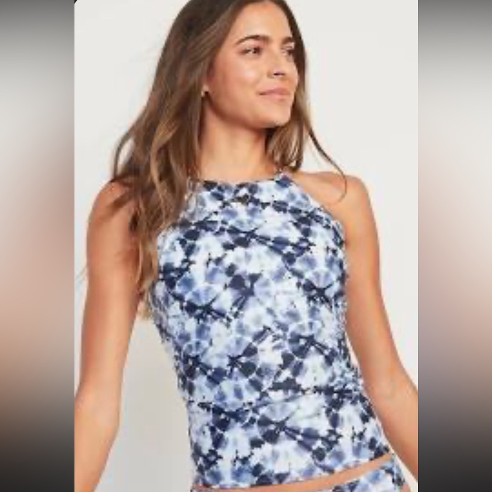 Old Navy High Neck Tie Dye Blue and White Tankini Swim Top Size XL